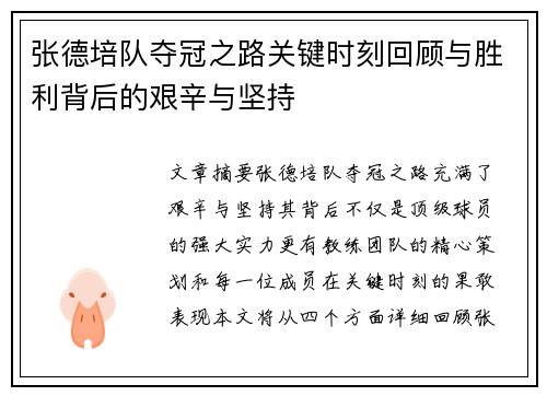 张德培队夺冠之路关键时刻回顾与胜利背后的艰辛与坚持